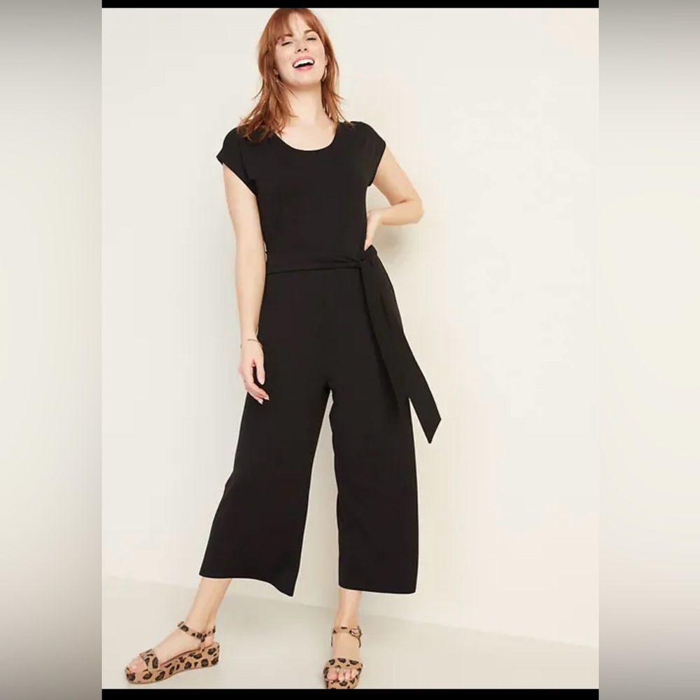 Black cropped jersey jumpsuit